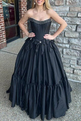 Black Strapless Beaded Ruffle Prom Dress with Bow